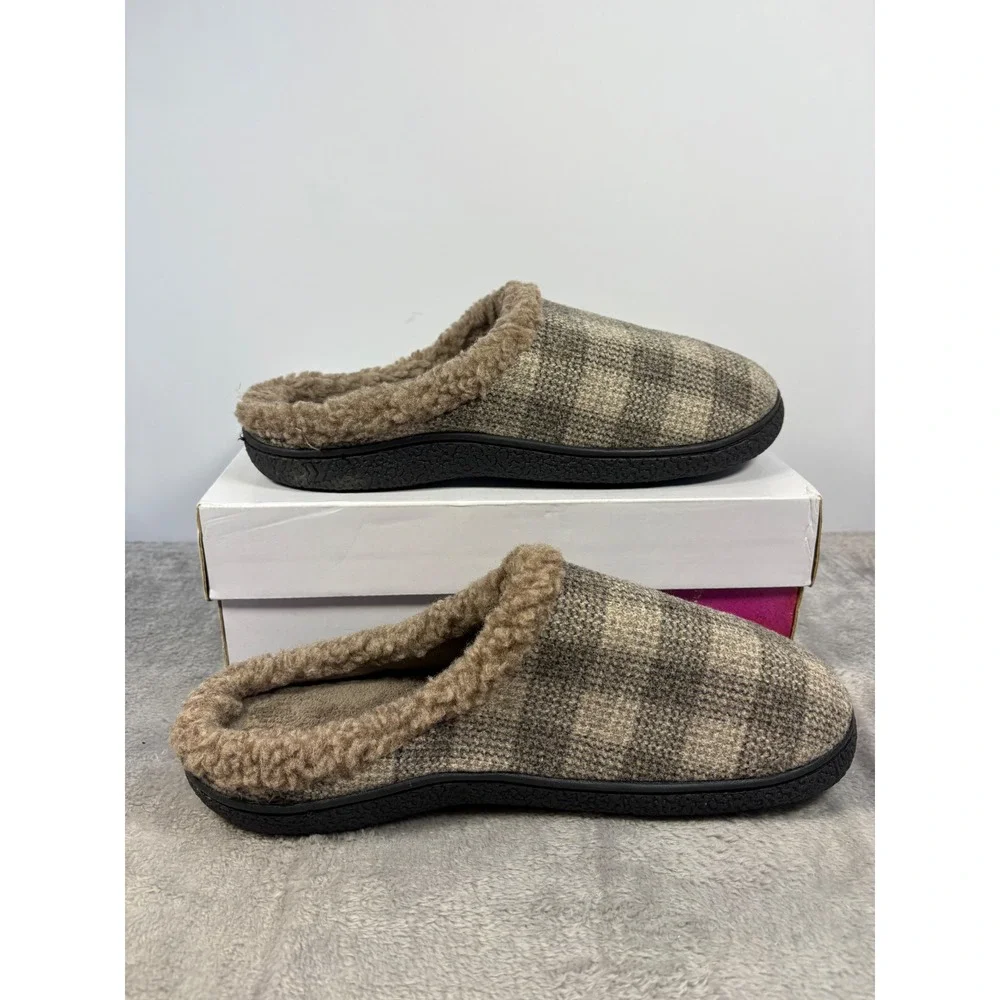Isotoner Mens Plaid Clog Slippers Tan Brown Faux Fur Lined Size‎ 9.5-10.5